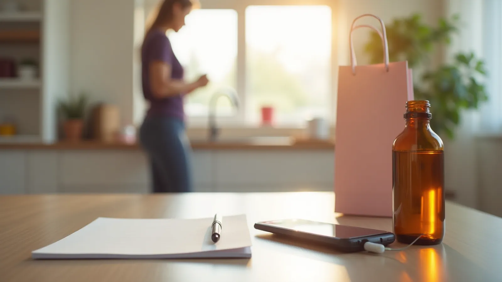 Phone, blank notepad and pharmacy bag on a kitchen counter in afternoon light.