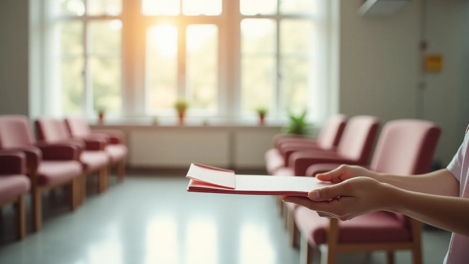 Hands passing a plain folder across a calm clinic reception counter