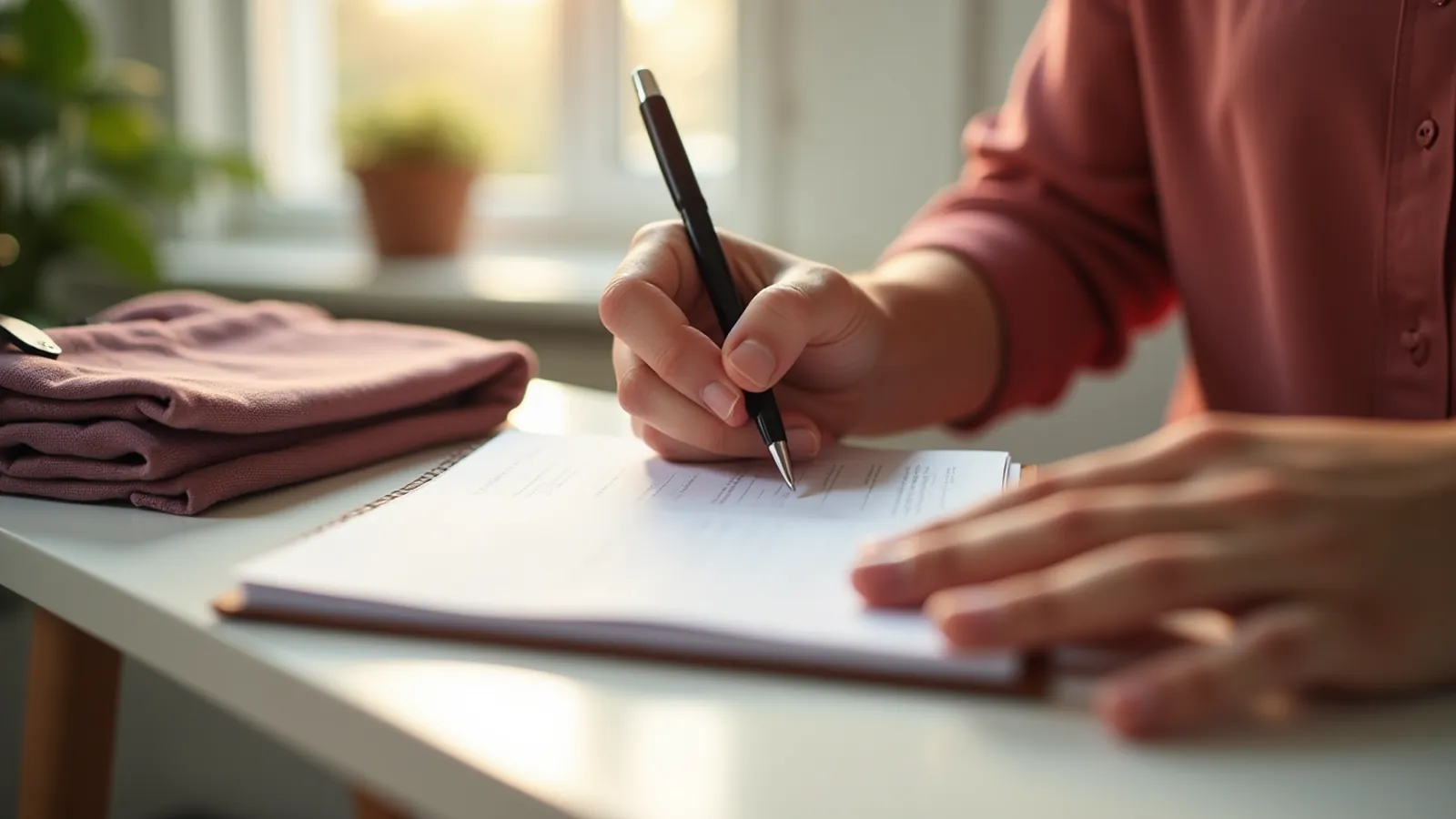 Hands writing one sentence in a notebook beside a bright window