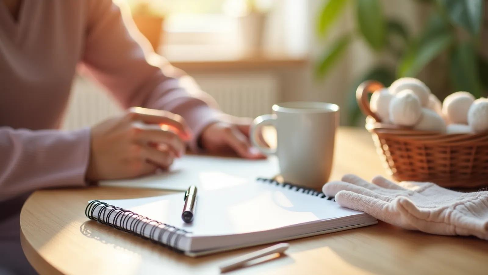 A blank four-column nail care list beside a mug on a sunny kitchen table.
