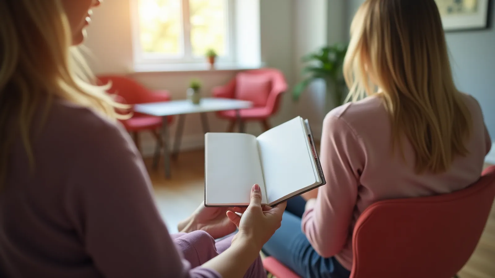 Two people seen from behind in a waiting room, one holding a blank notebook and pen.