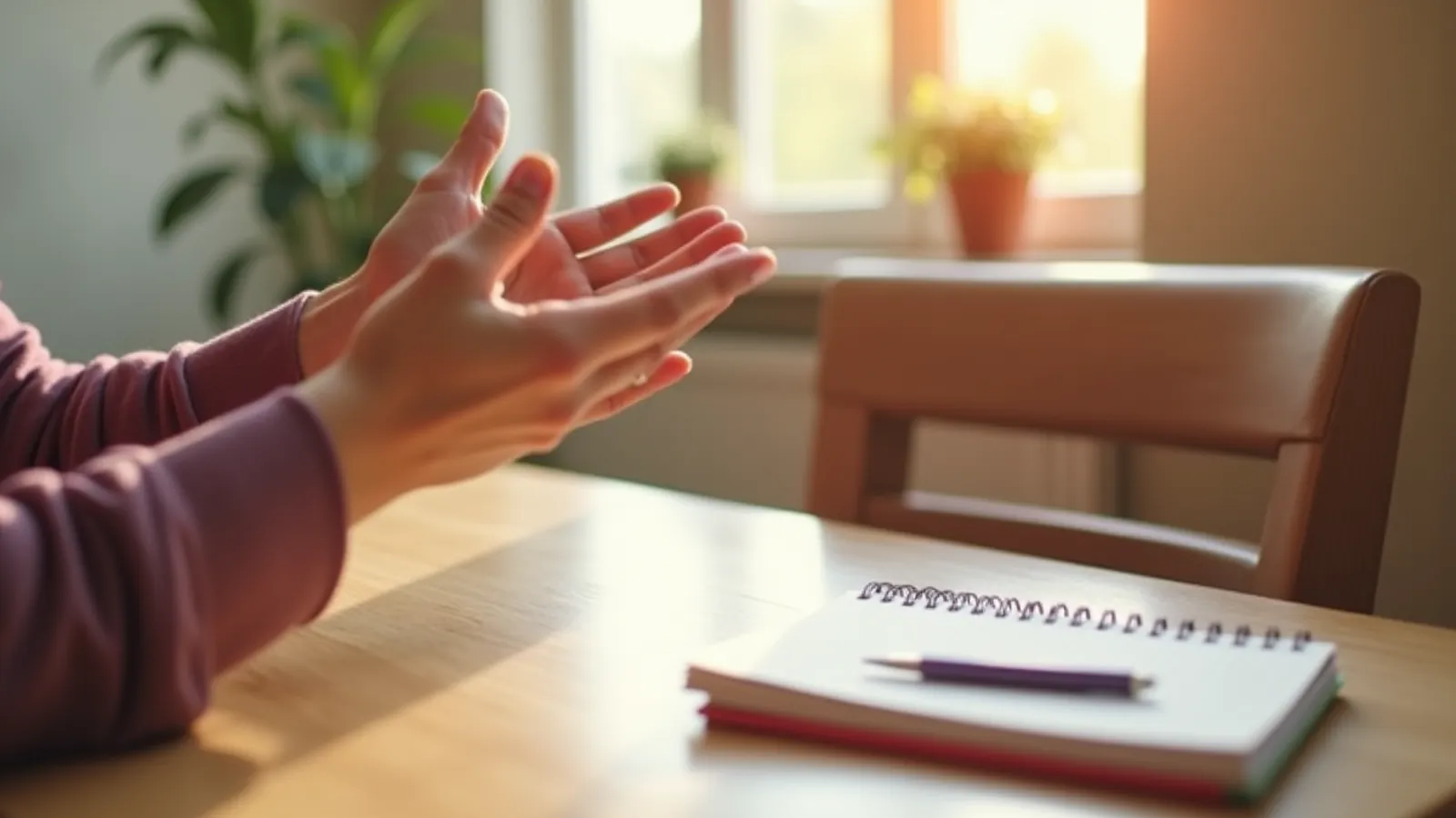 Hands gesturing at a dining table beside a timer and closed notebook.