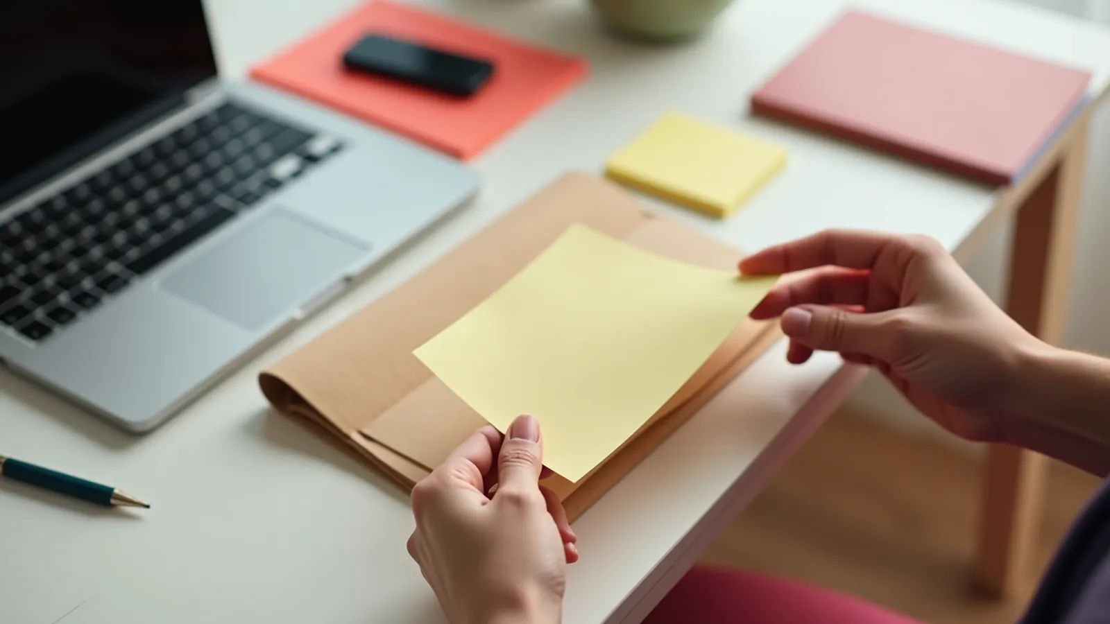 Hand sliding a plain folder toward a laptop on a wooden desk, pen and USB stick nearby