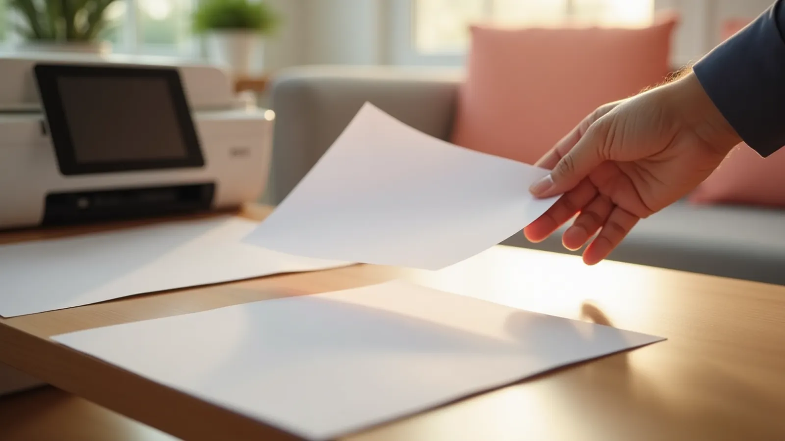 Two sheets printed back-to-back beside a printer, showing duplex and paper size choices.
