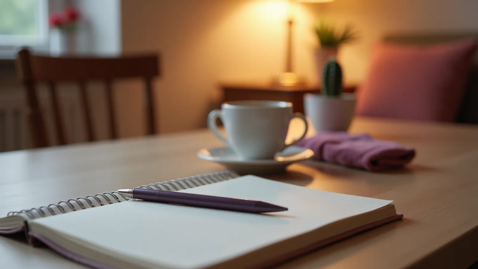 Notebook, pen and mug on a kitchen table at evening, planning a doctor visit about feet