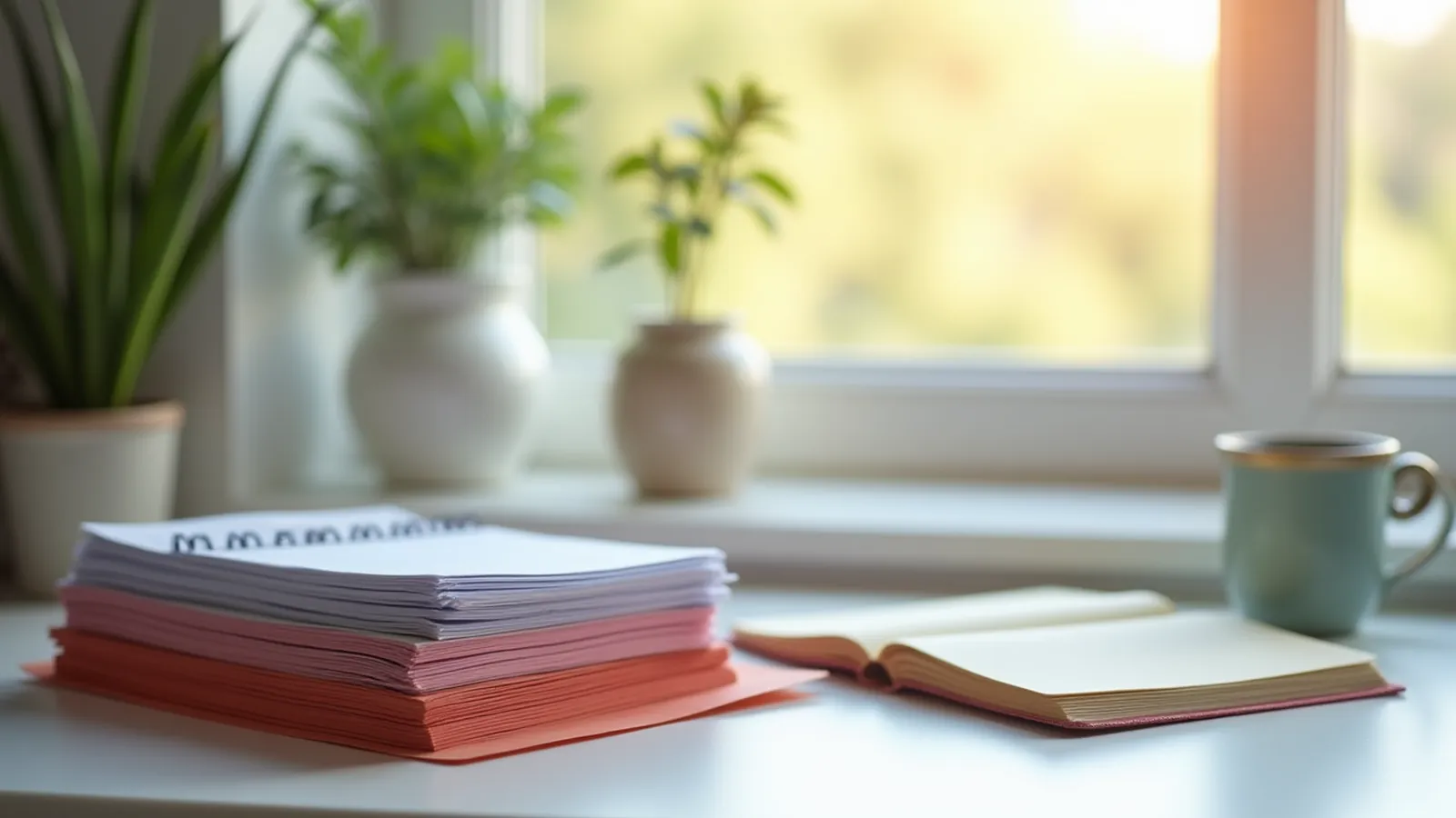 A tidy desk with folders and blank pages for filing nail-care notes.