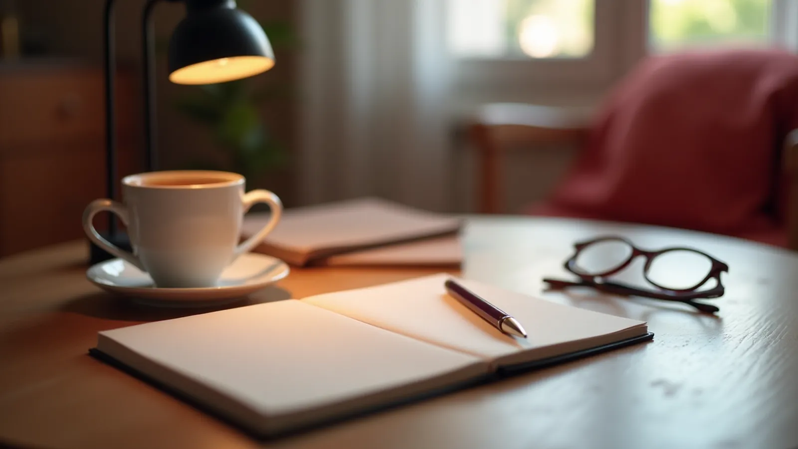 Blank notebook ready for a foot symptom list beside a pen and mug