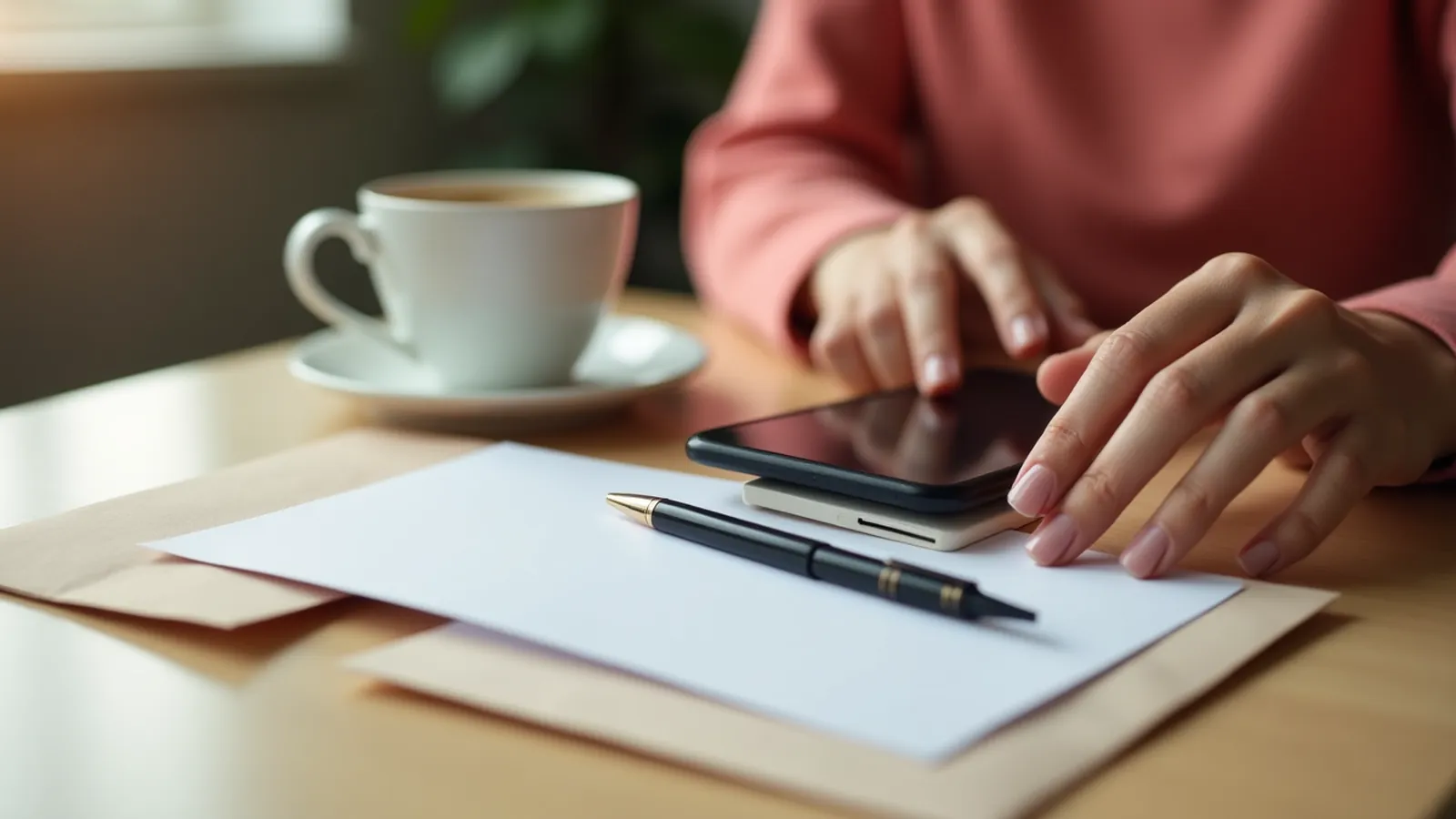 Hand beside a face-down phone, blank card and envelope on café table