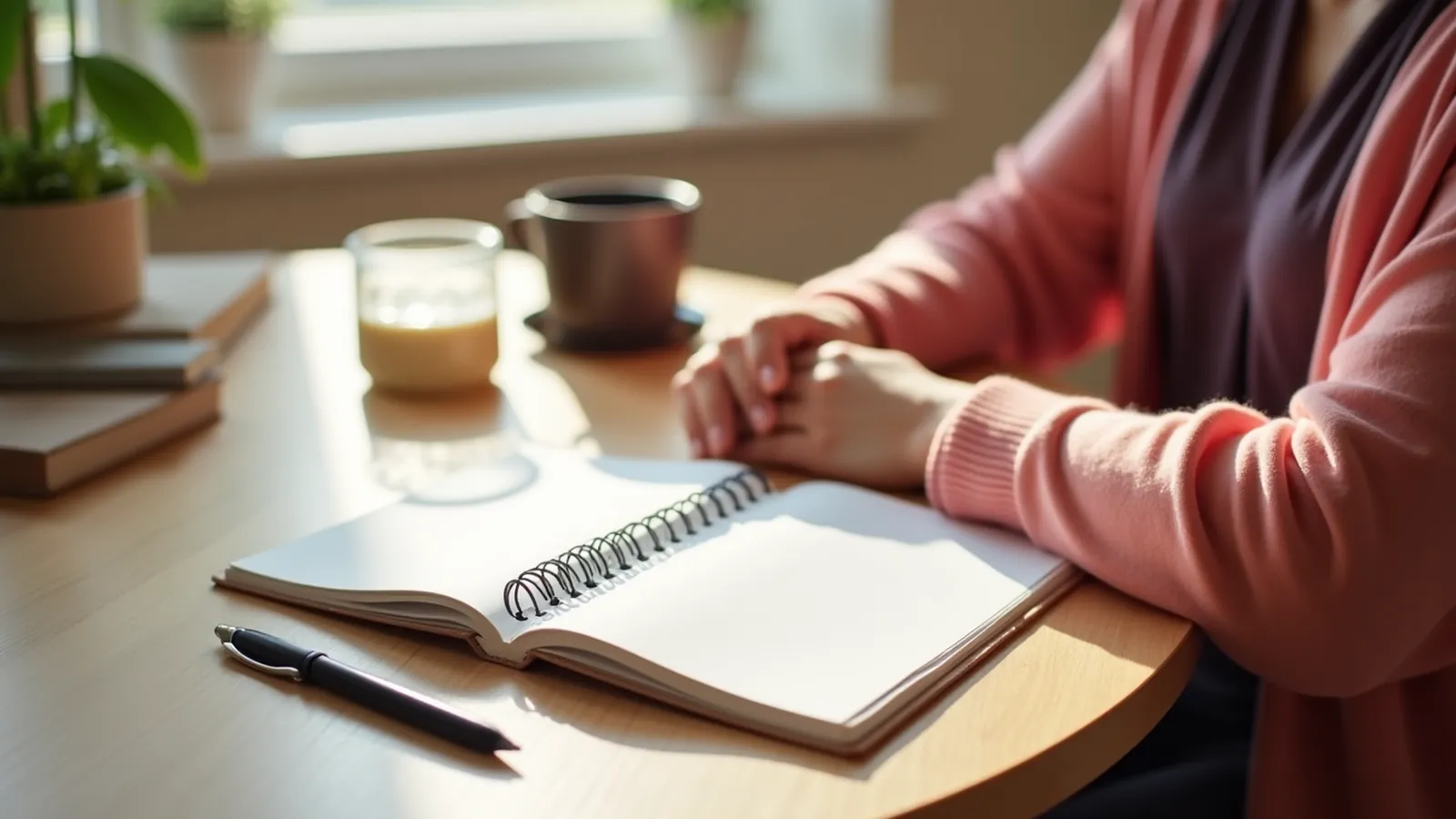 Blank notebook and pen on a calm kitchen table, ready for home remedies notes.