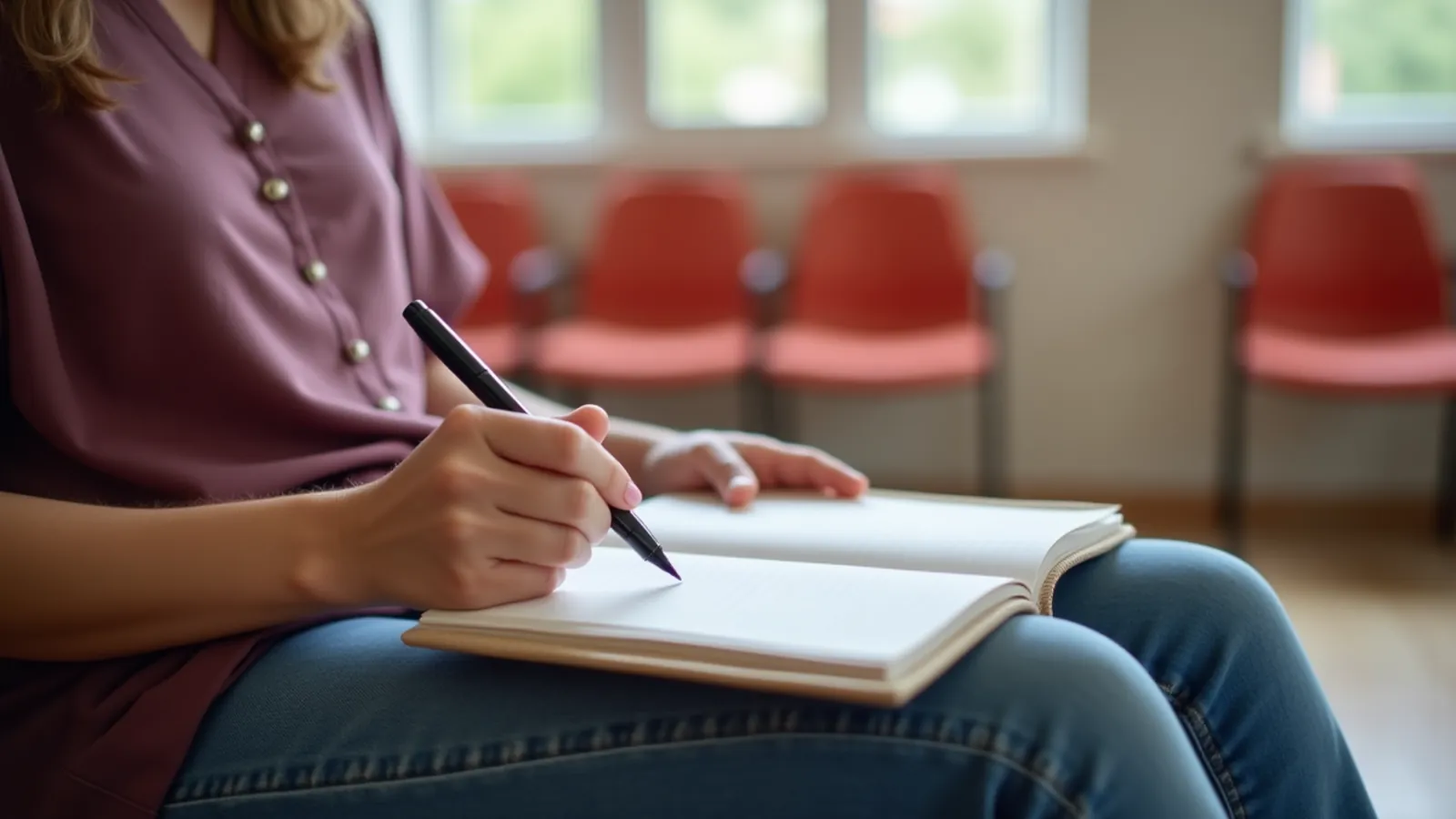 Hands balance a blank notepad on a lap in a calm waiting room.