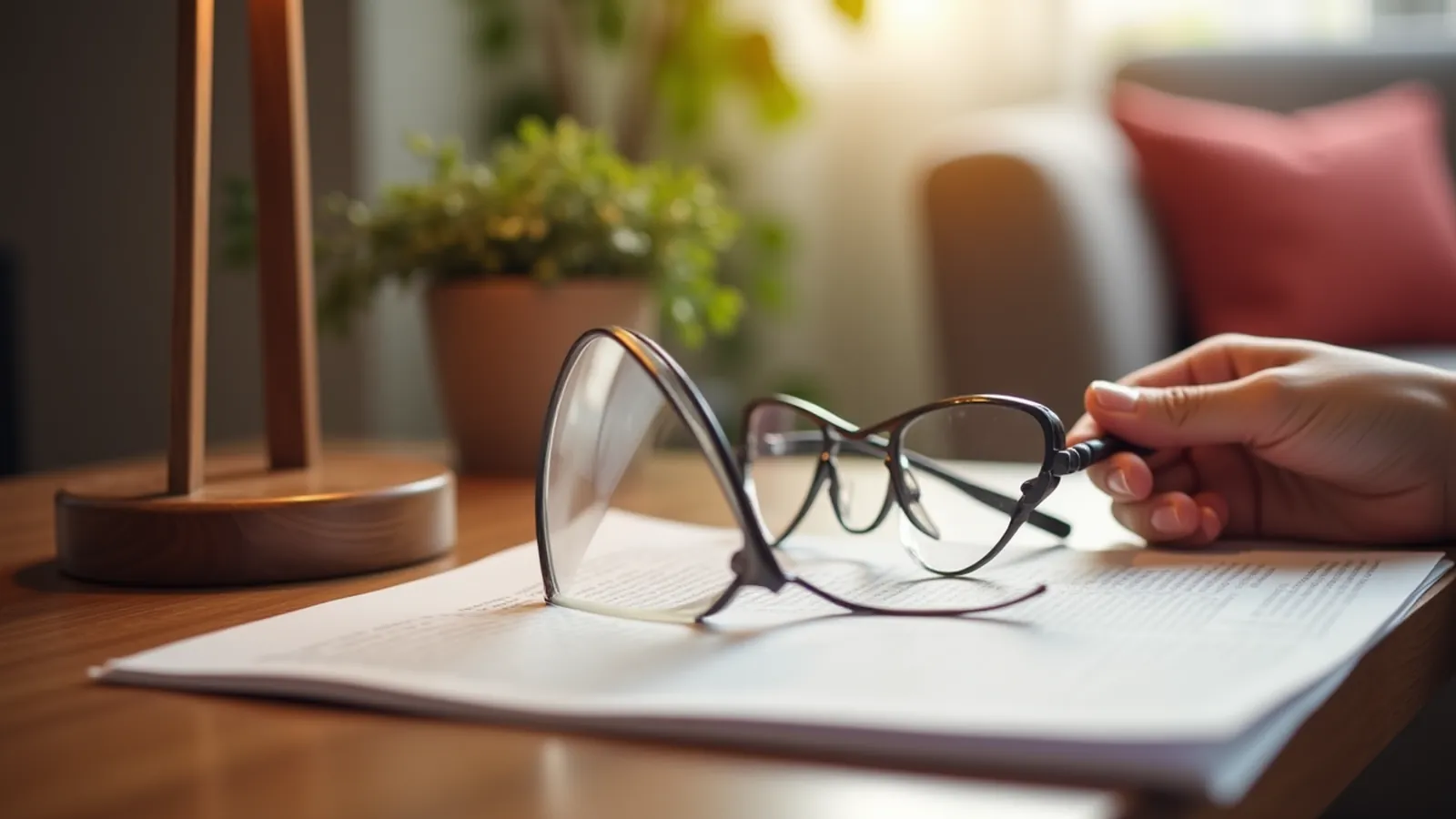 Magnifying glass over a folded paper handout beside a warm reading lamp