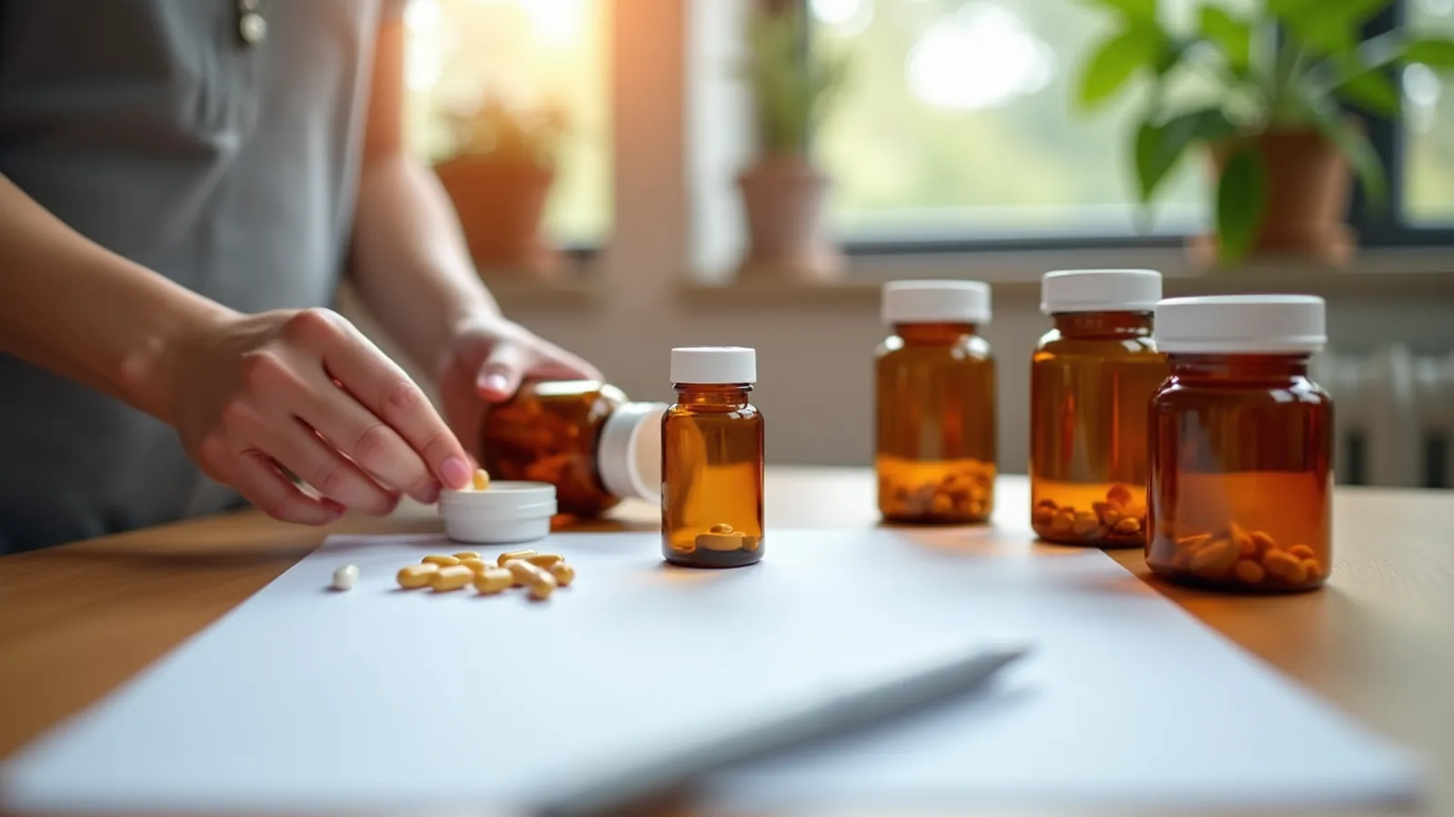 Hands arranging medicine bottles and supplement jars on a table beside paper.