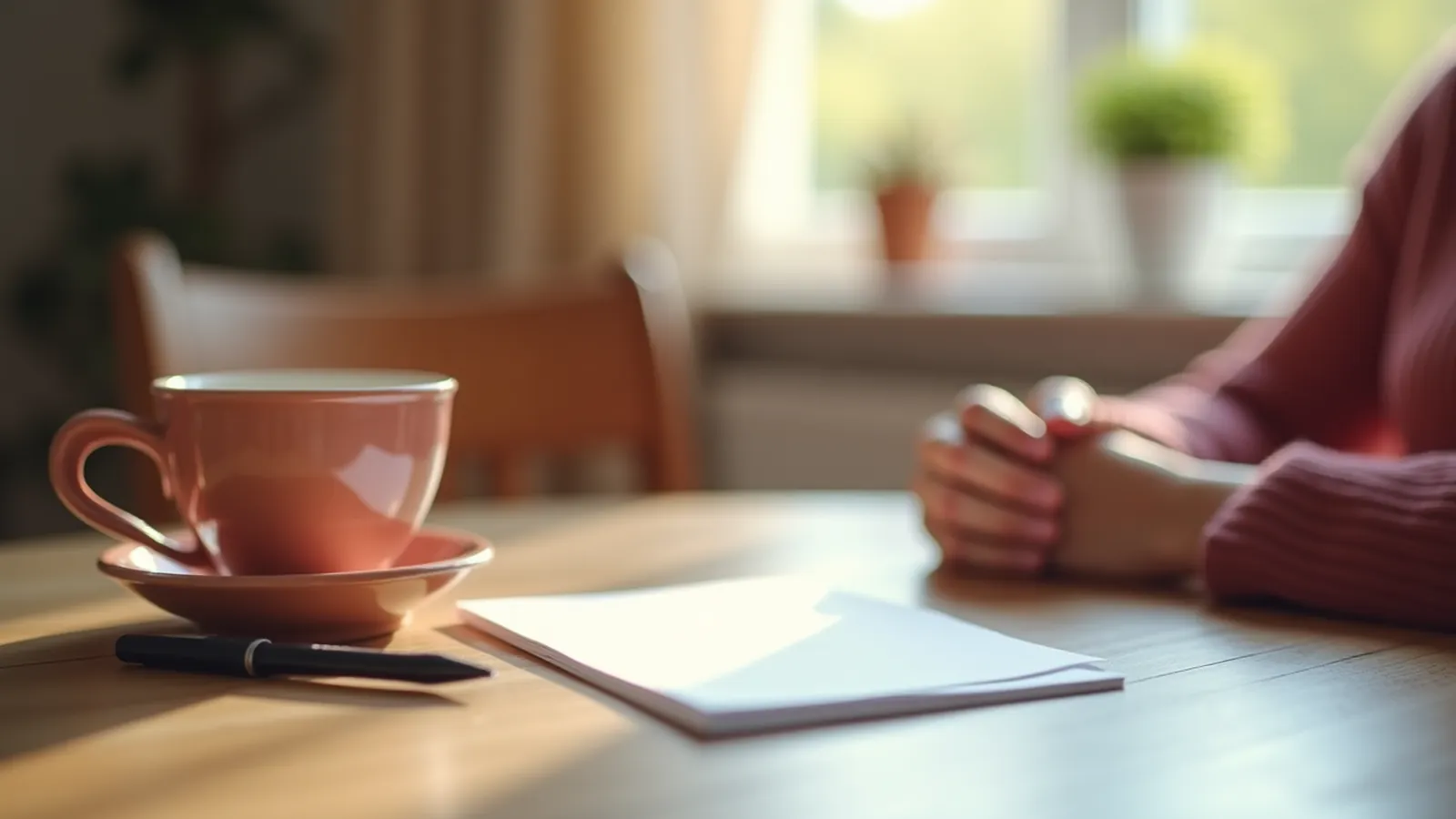 A blank card and pen on a kitchen table before a nail-care appointment