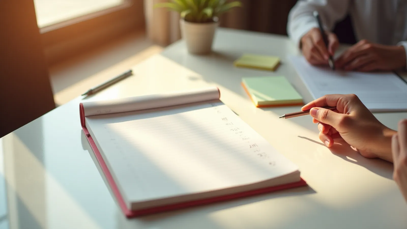 A hand pauses over a blank four-column notebook on a sunlit desk.