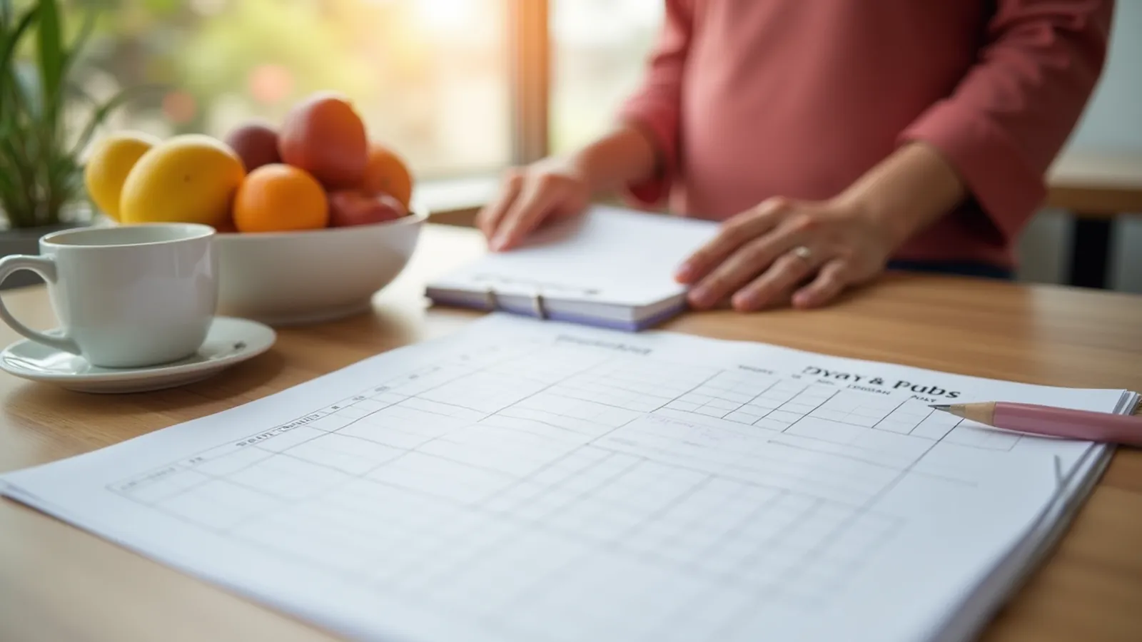 A nail care routine check-off sheet and pen on a sunny kitchen table