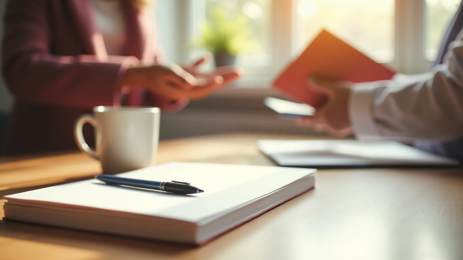 Notebook, pen and folder on a kitchen table for a nail-care visit handover
