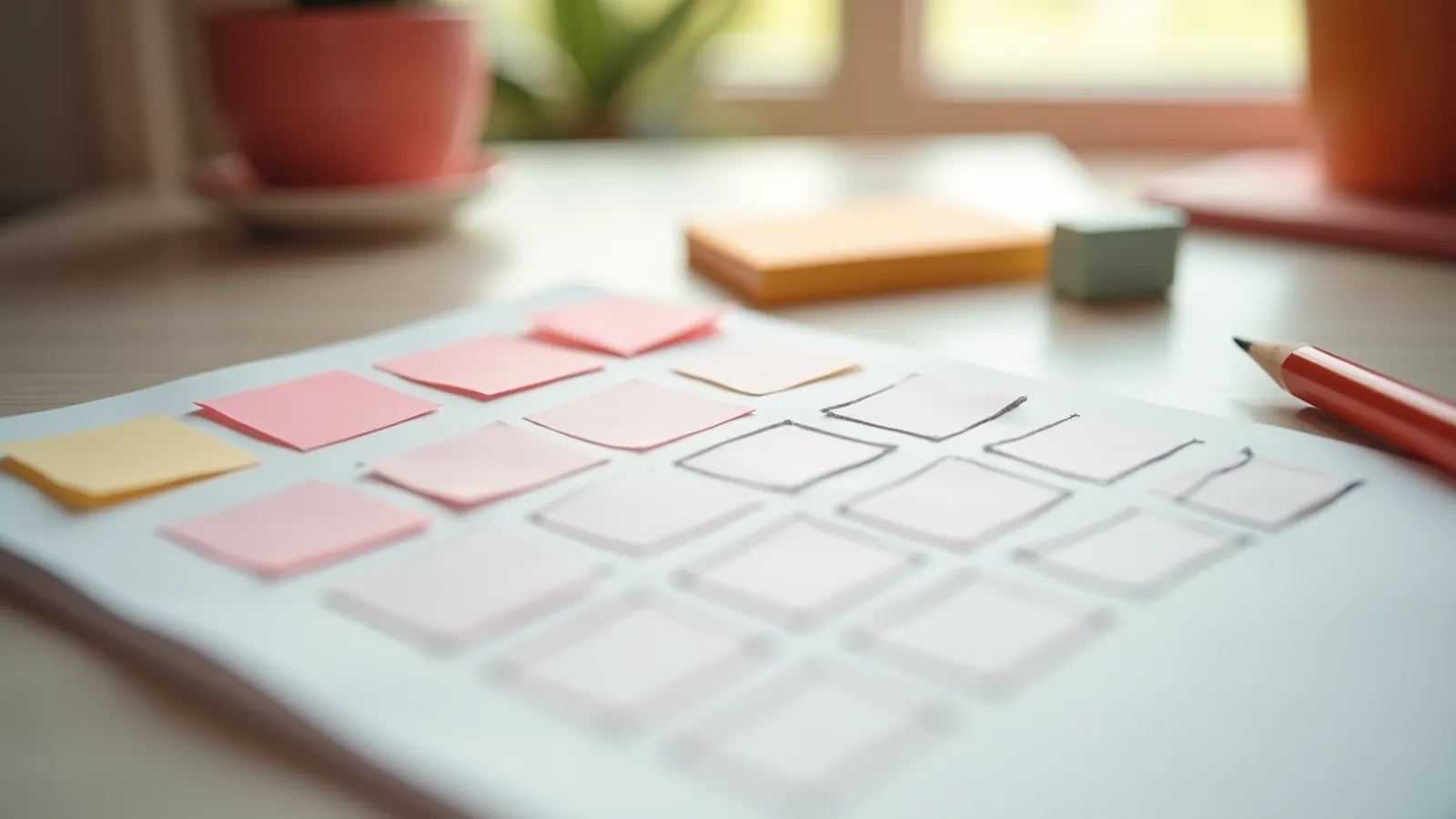 Seven blank sticky notes arranged beside a simple ten-box grid on paper.