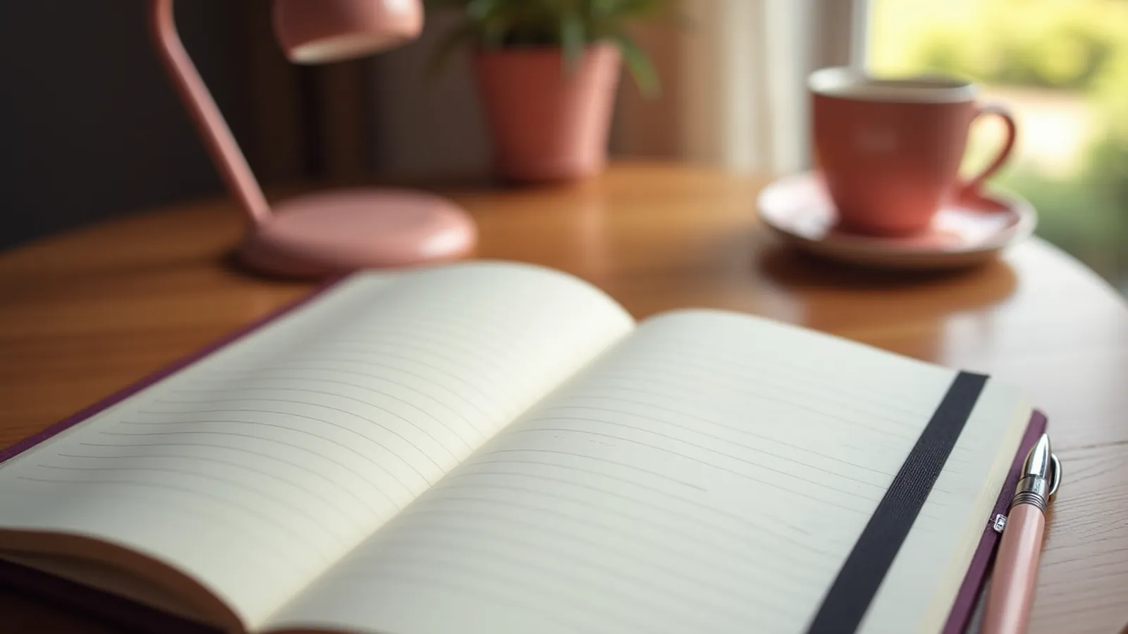 Open notebook with seven blank lines, pen and mug on wooden table
