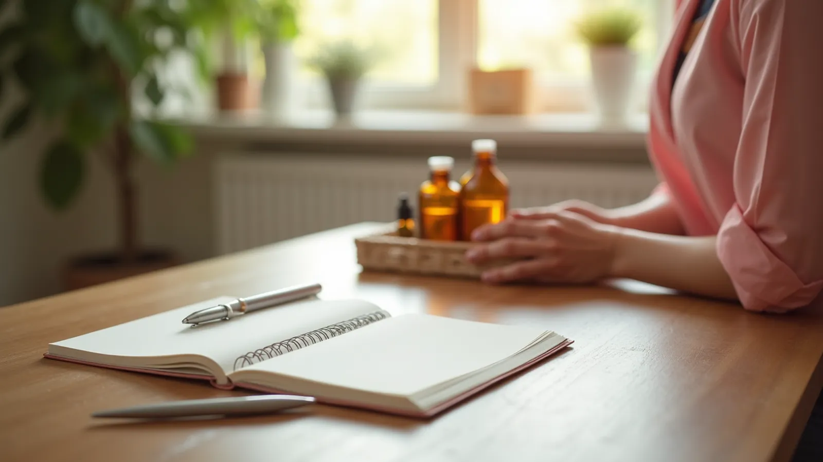 Open notebook, pen and unlabeled bottles on a sunlit table for a dated nail product log.