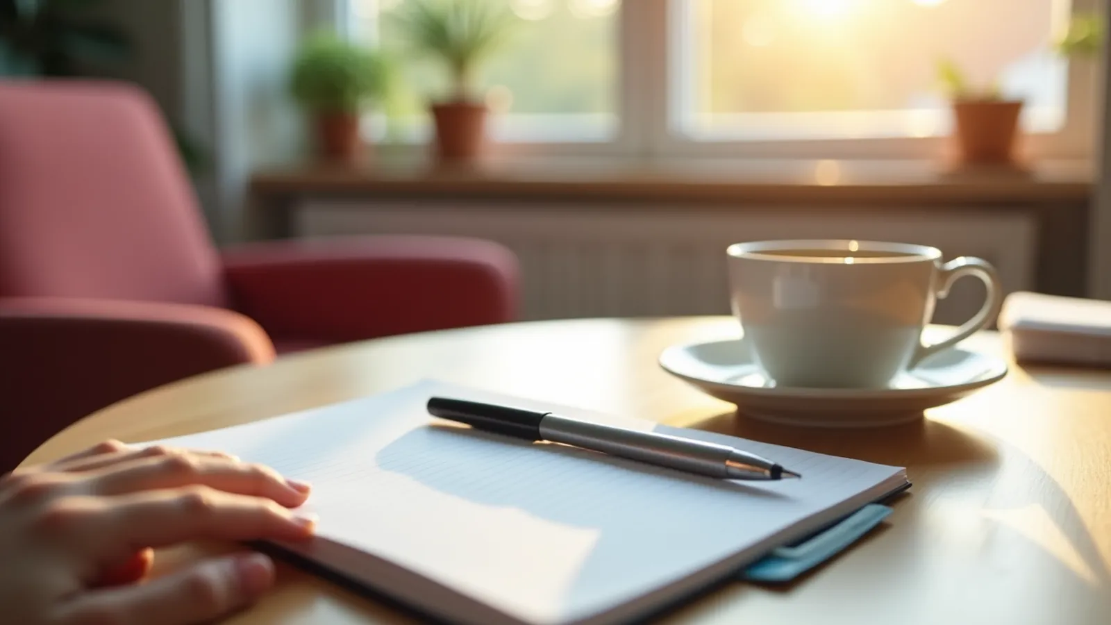Calm kitchen table with notebook, tea and hand for preparing nail signs and symptoms notes
