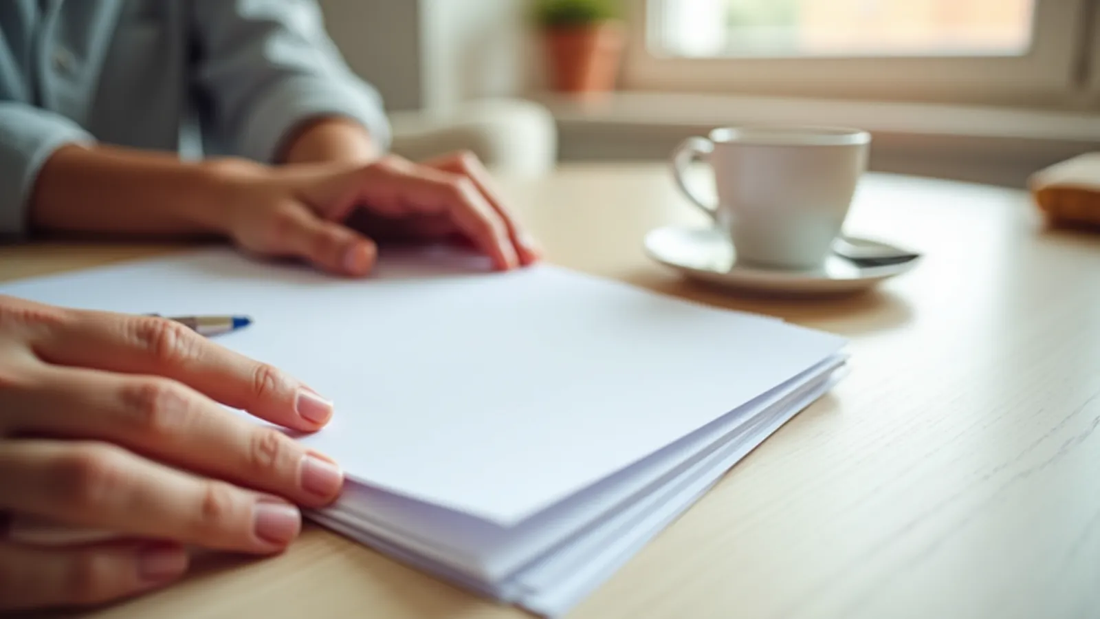 Four blank cards in a row on a table with a pen and mug.