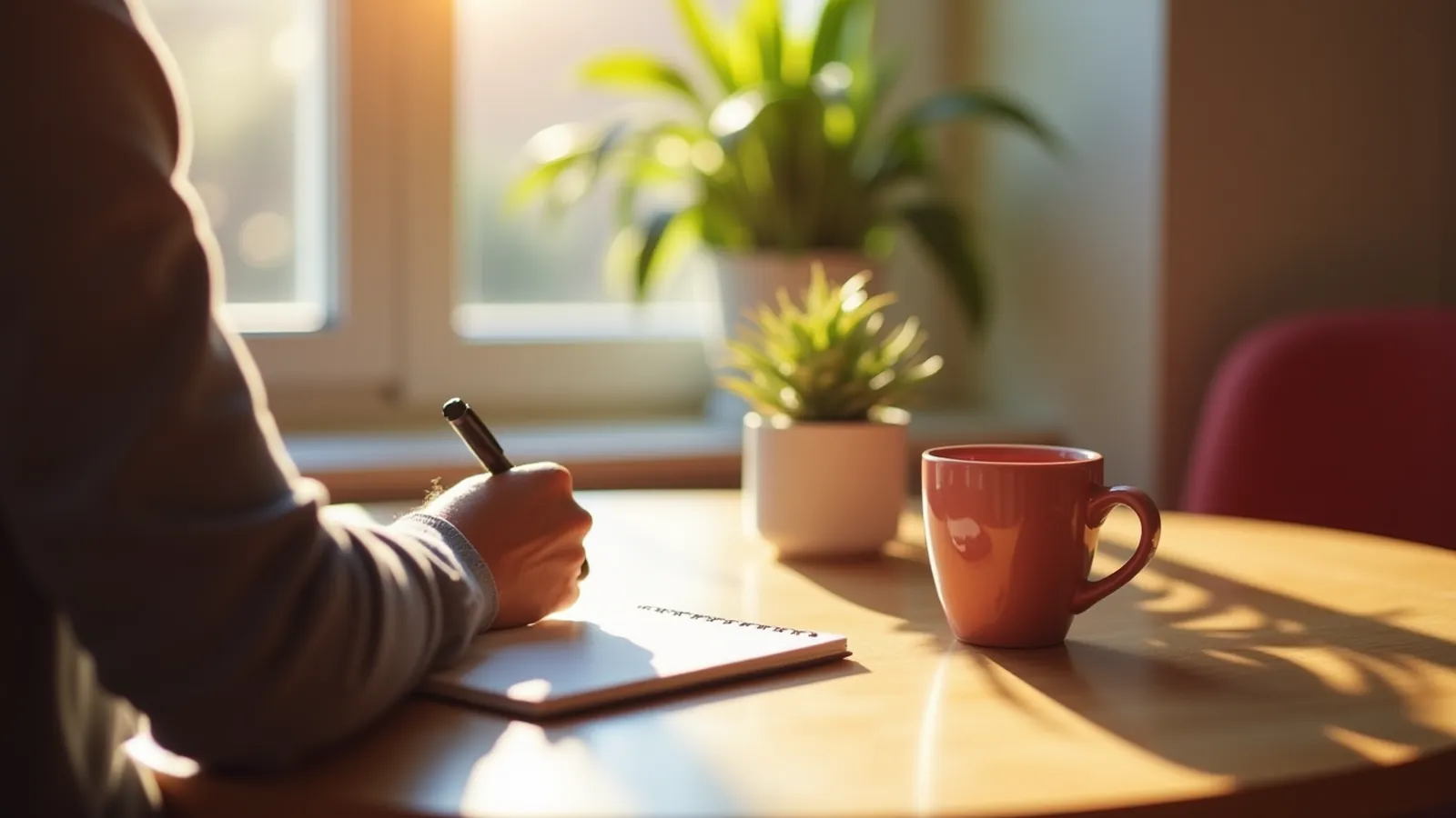 A person at a kitchen table with a notebook and pen, preparing nail treatment questions.