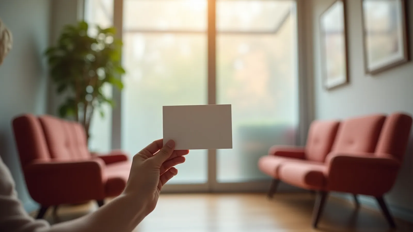 Person from behind in a waiting room holding a blank card, calm daylight.