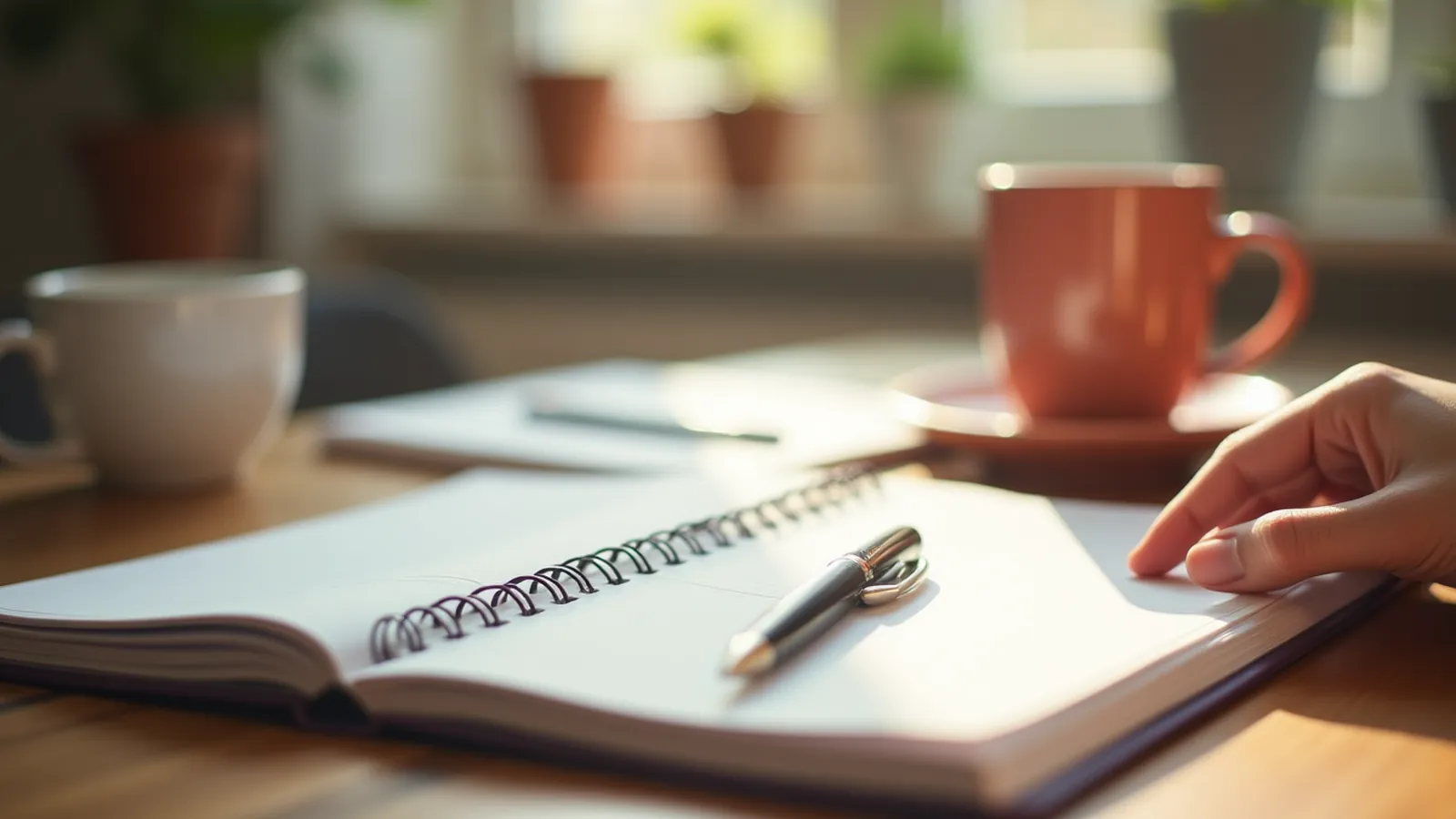 Open notebook and pen on a wooden desk, ready for one neutral sentence.