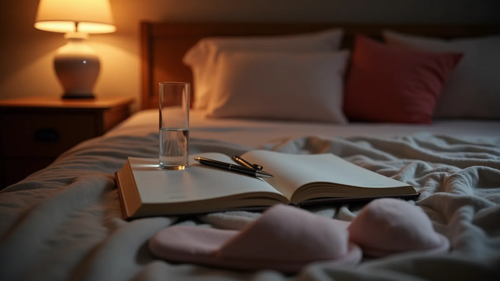 Notebook and pen on a bedside table in soft lamplight before sleep