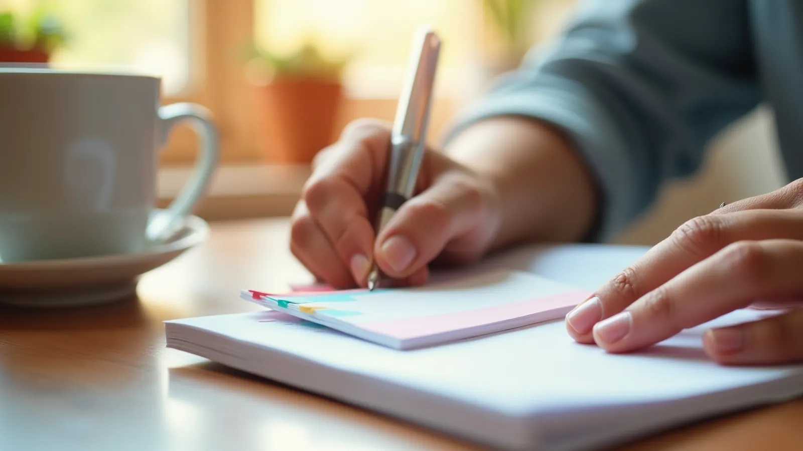 Hand and index cards with colored tabs during a calm terminology review