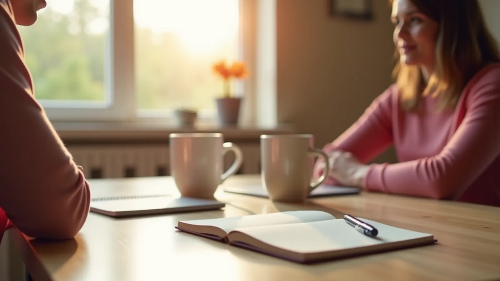 Two mugs and a notebook on a kitchen table for a doctor visit conversation.