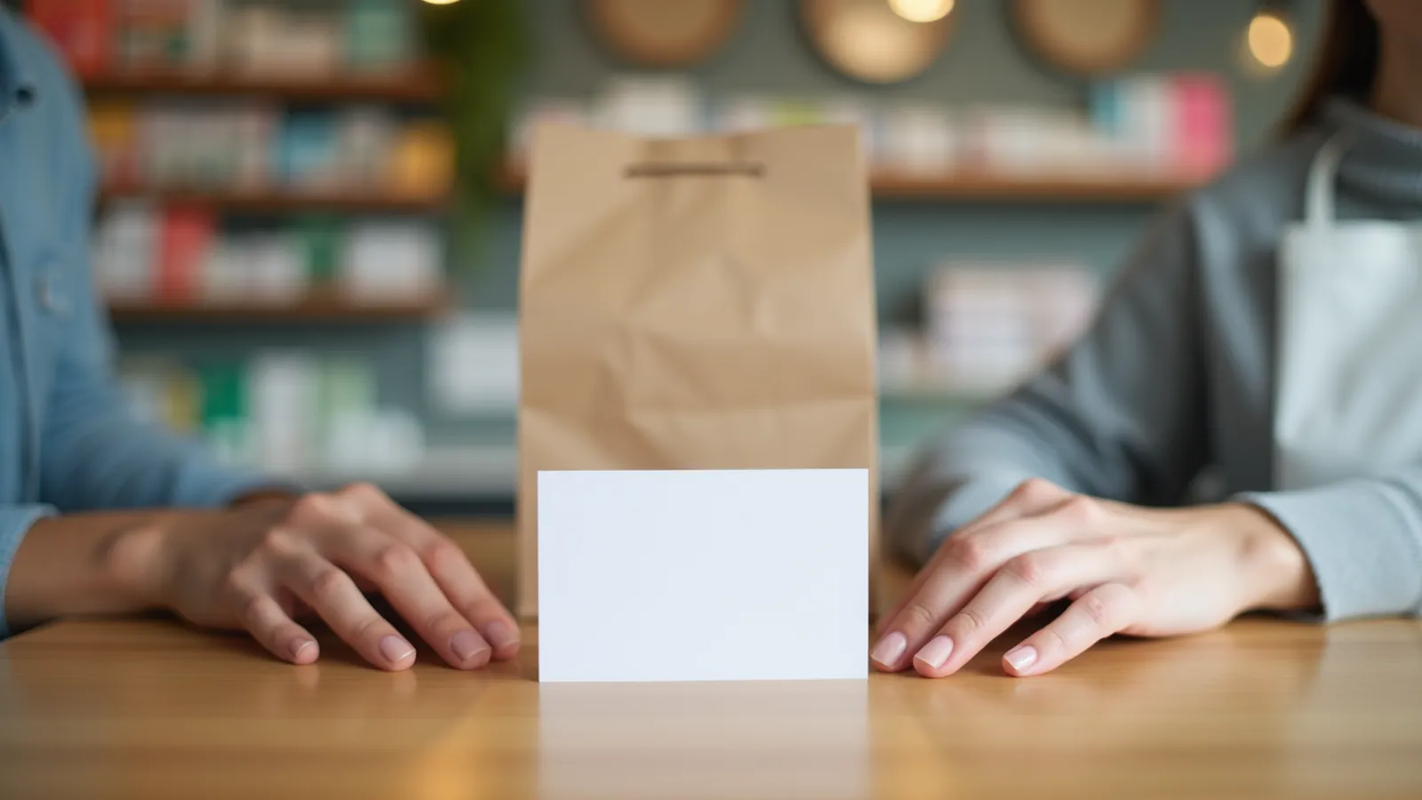 Hands at a pharmacy counter beside a blank card and paper bag.