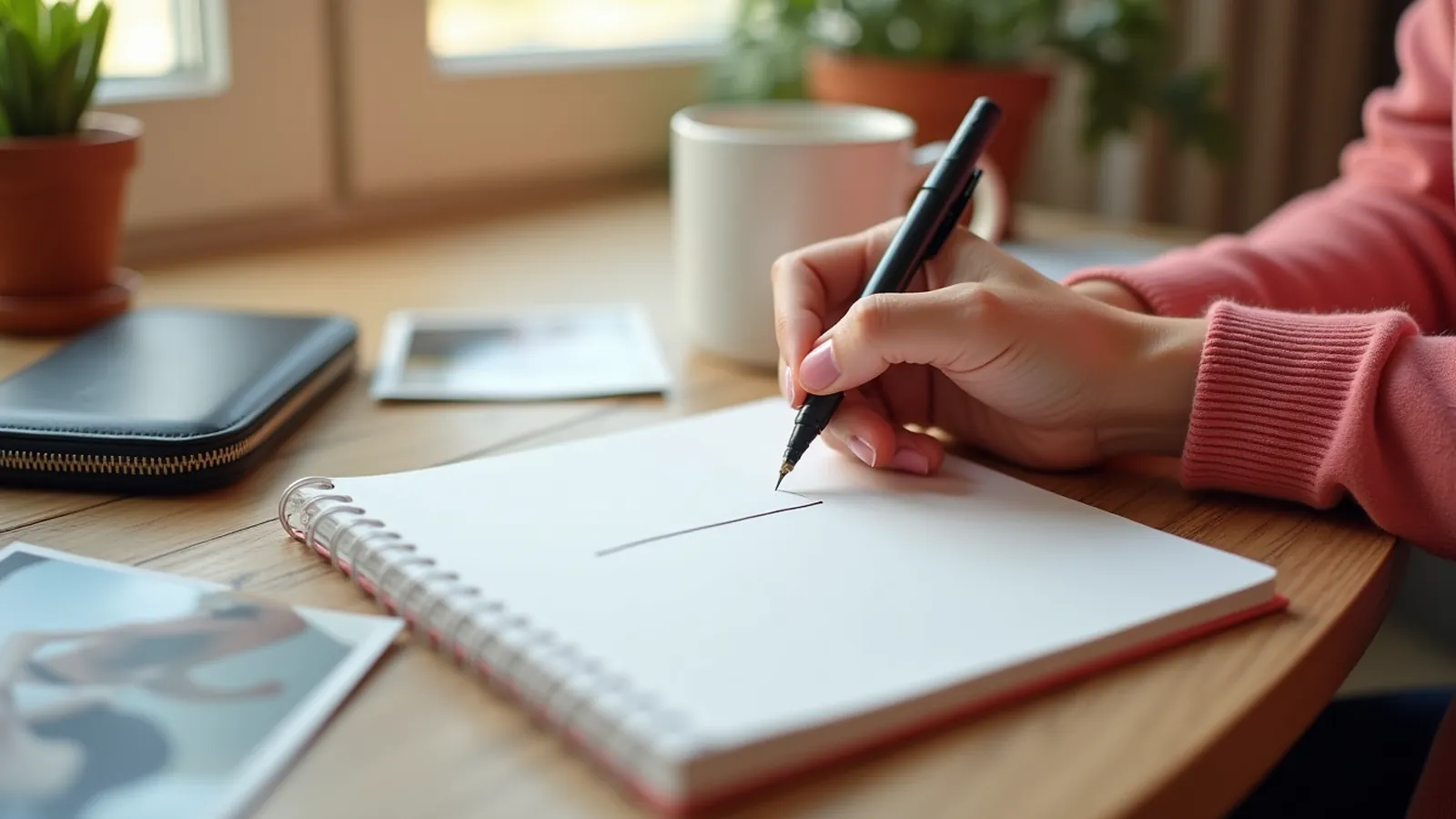 Hand drawing a short line in a notebook beside face-down photo prints.