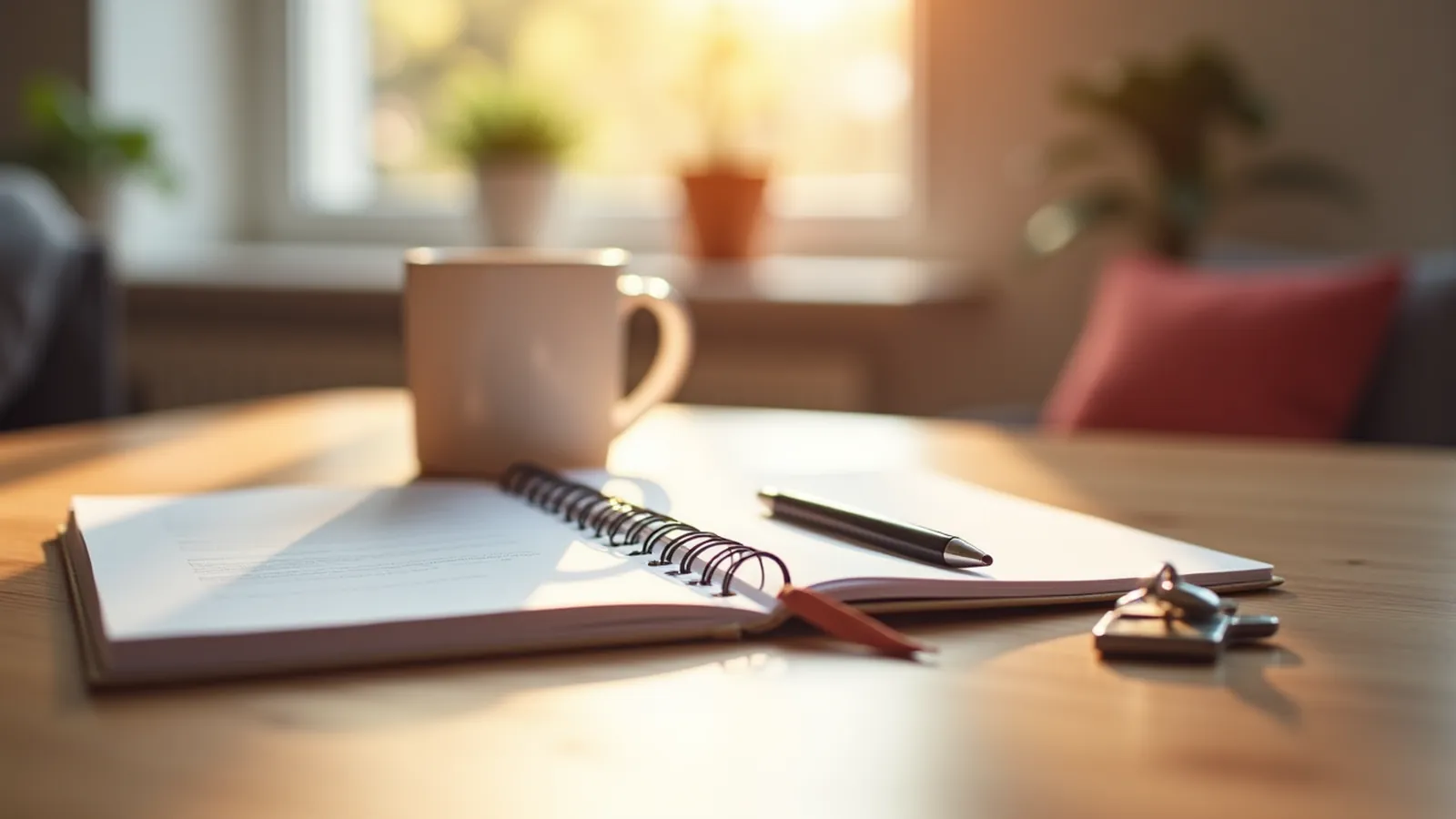 Notebook, pen and mug on a sunlit kitchen table, ready for a podiatrist appointment.