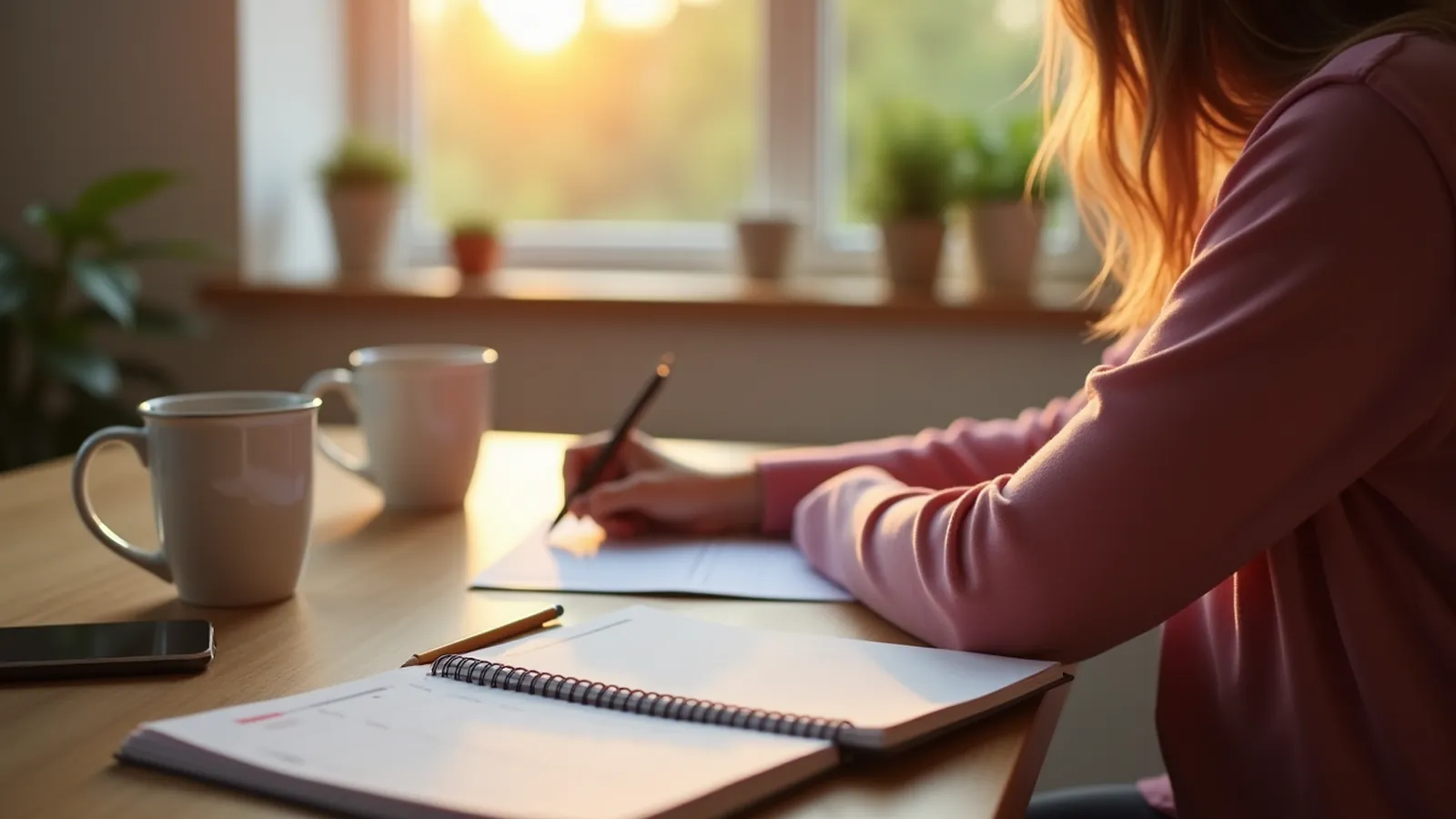 A person at a kitchen table preparing for a podiatrist appointment with notebook and calendar.