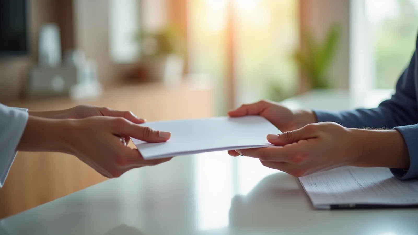 Hands handing a plain folder across a clinic reception desk