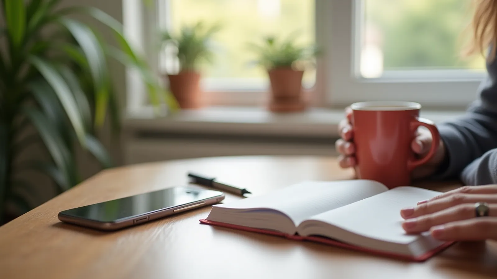 A phone, blank notepad and pen on a sunlit kitchen table before a podiatrist referral call.