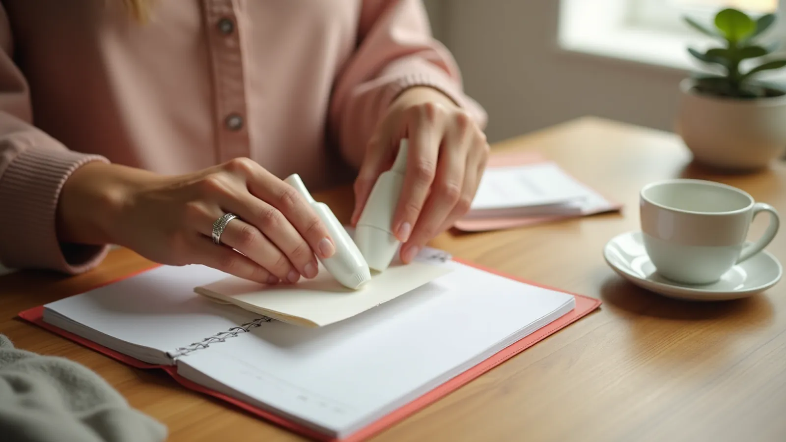 Hands organizing notes and a folder for a first podiatrist visit