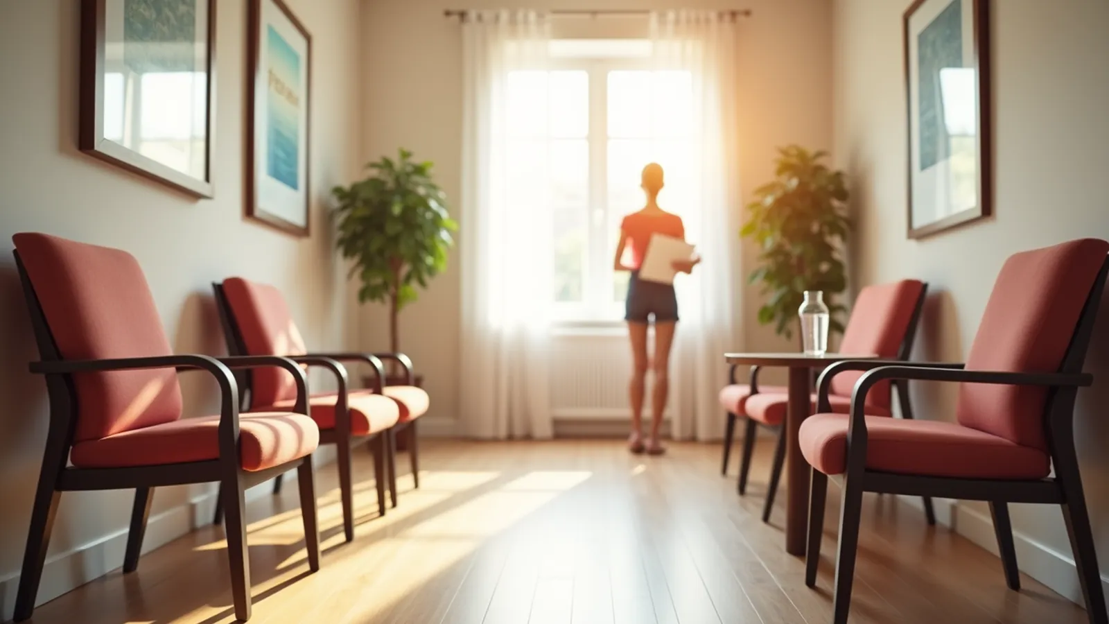 A calm podiatry appointment waiting room with empty chairs and a distant person from behind
