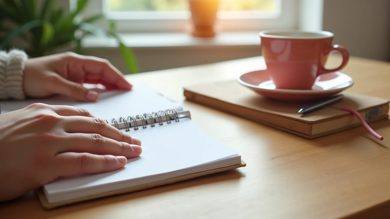 Hands beside a blank notebook and pen on a wooden desk in soft light