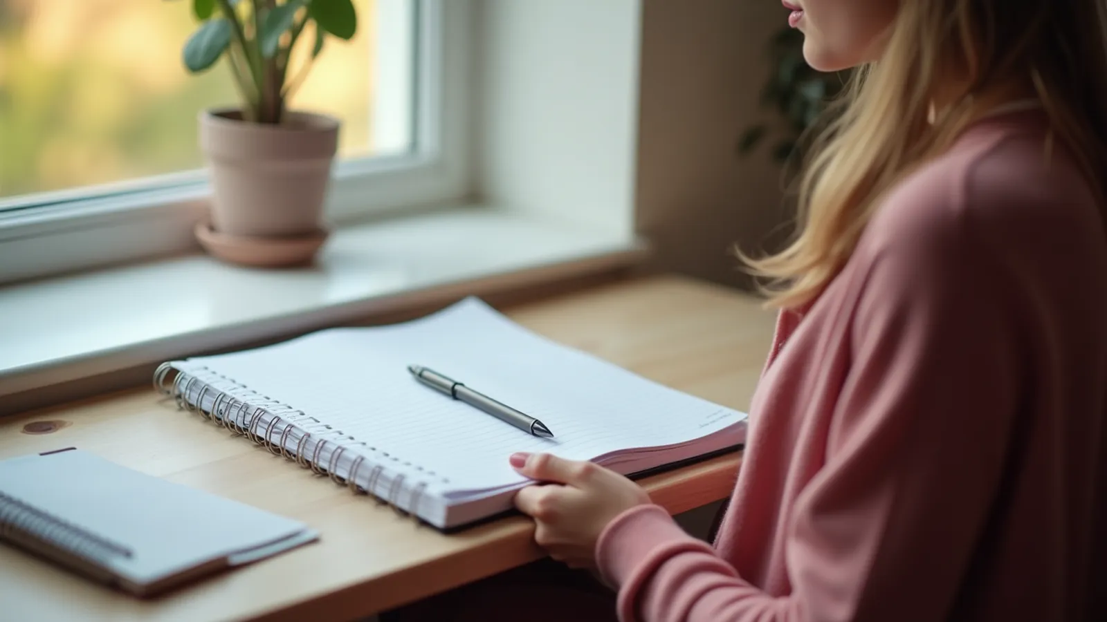 Notebook with blank numbered lines and a pen on a desk by a window