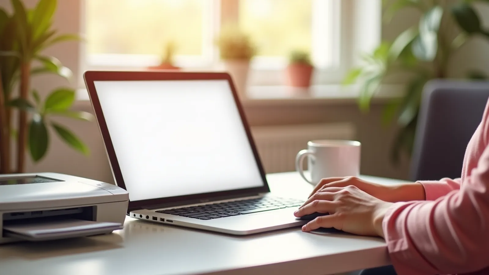 Home desk with laptop, printer and paper for printing specific pages in a PDF.