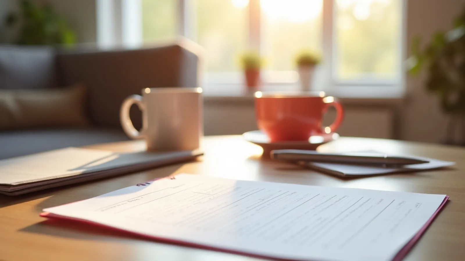 A printable medication chart on a kitchen table beside a pen and mug.