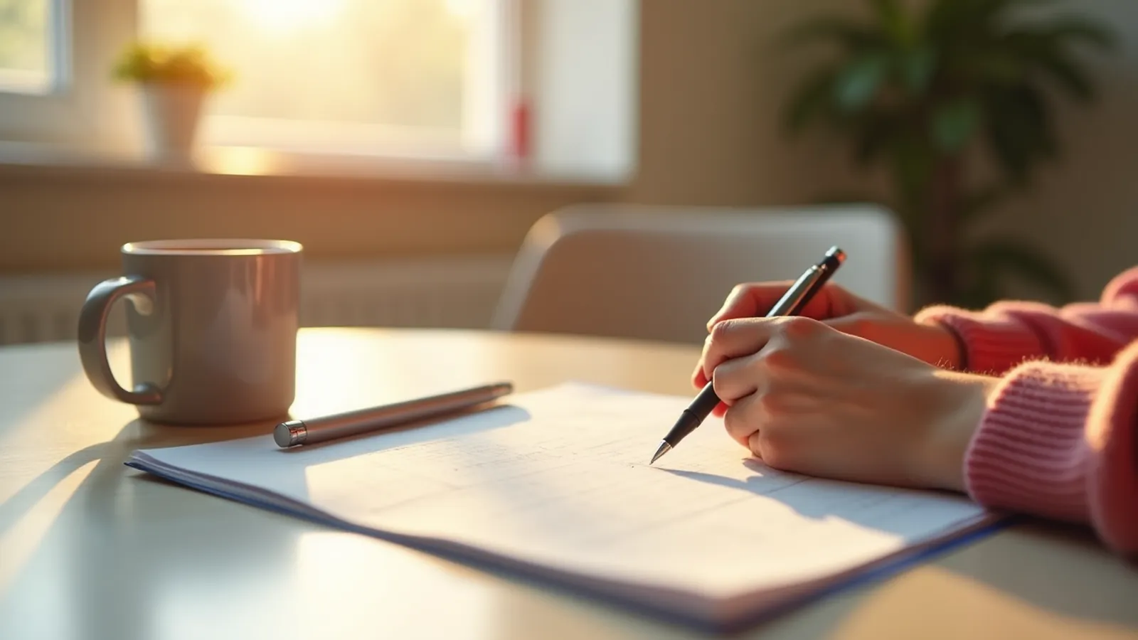 Private nail care notes folded beside a pen and mug on a sunlit kitchen table