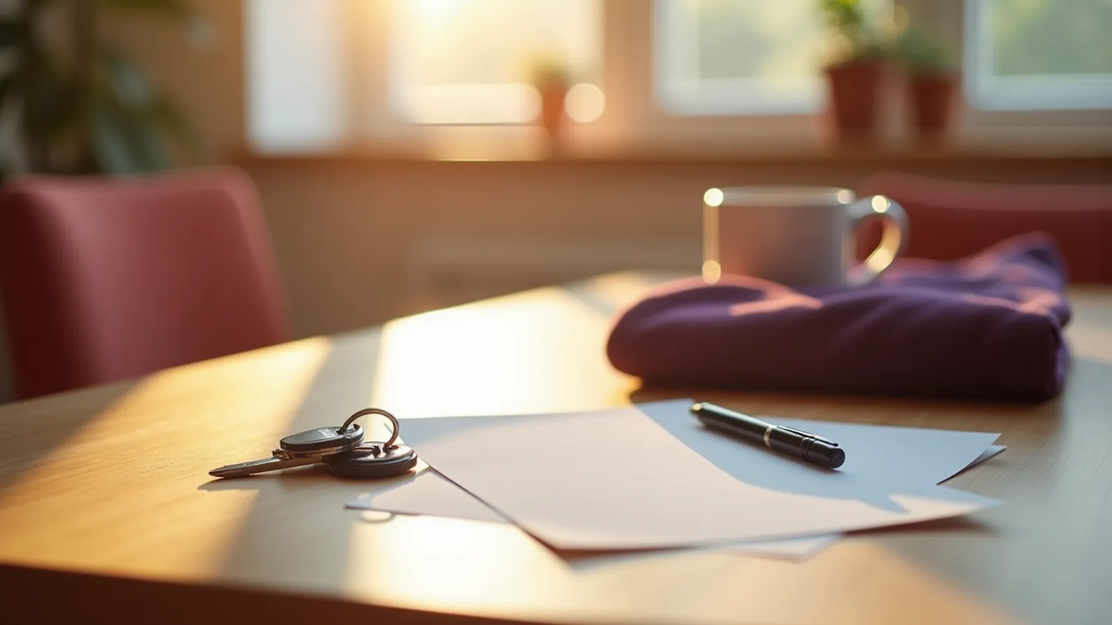A blank question card and pen rest on a sunlit kitchen table before a doctor visit.