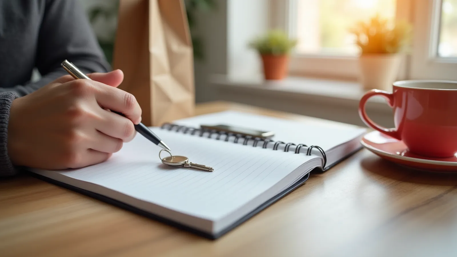 Blank notebook, pen, keys and pharmacy bag on a kitchen table for doctor instructions.