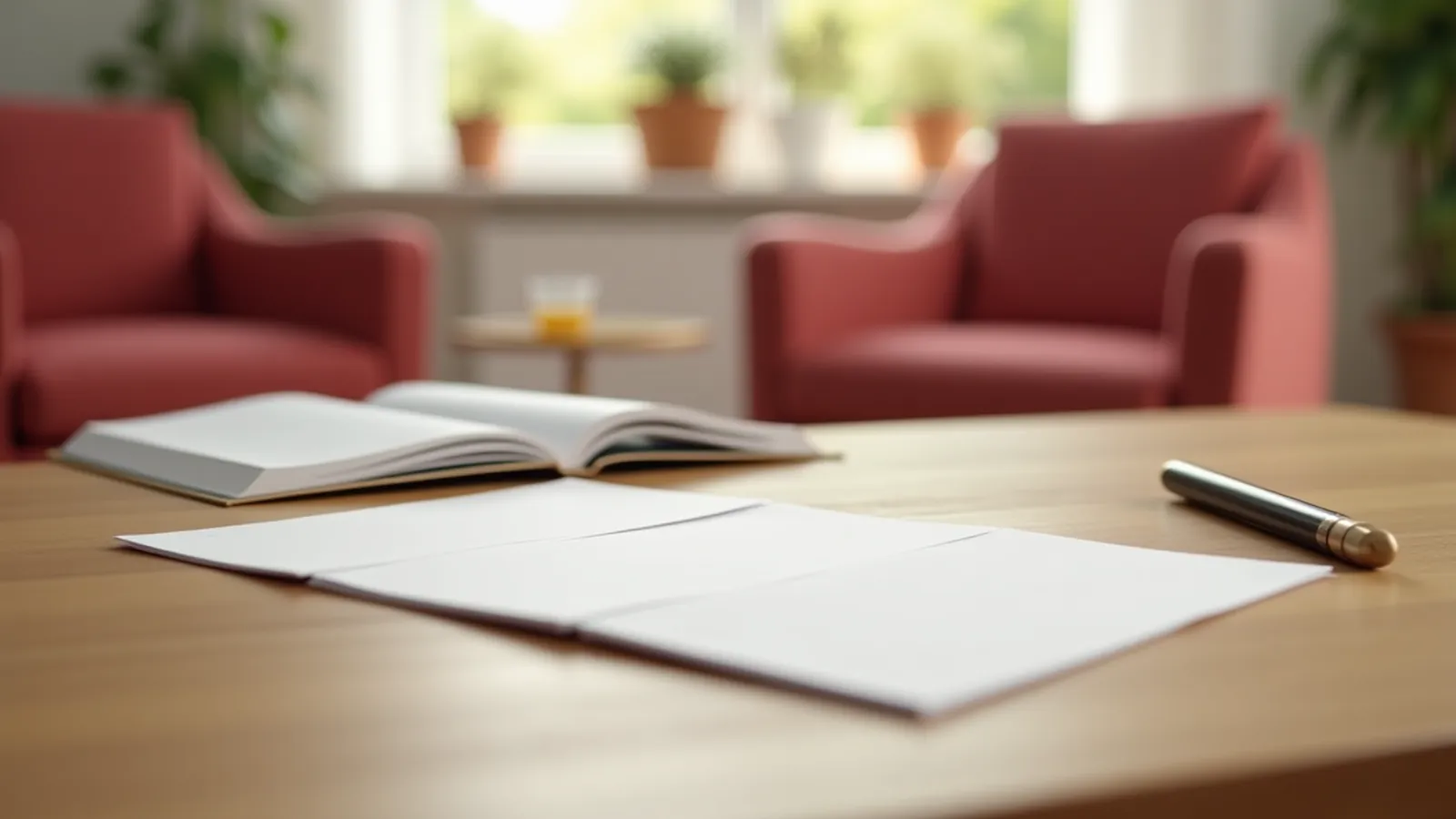 Four blank cards in a row beside a notebook and pen on a desk.