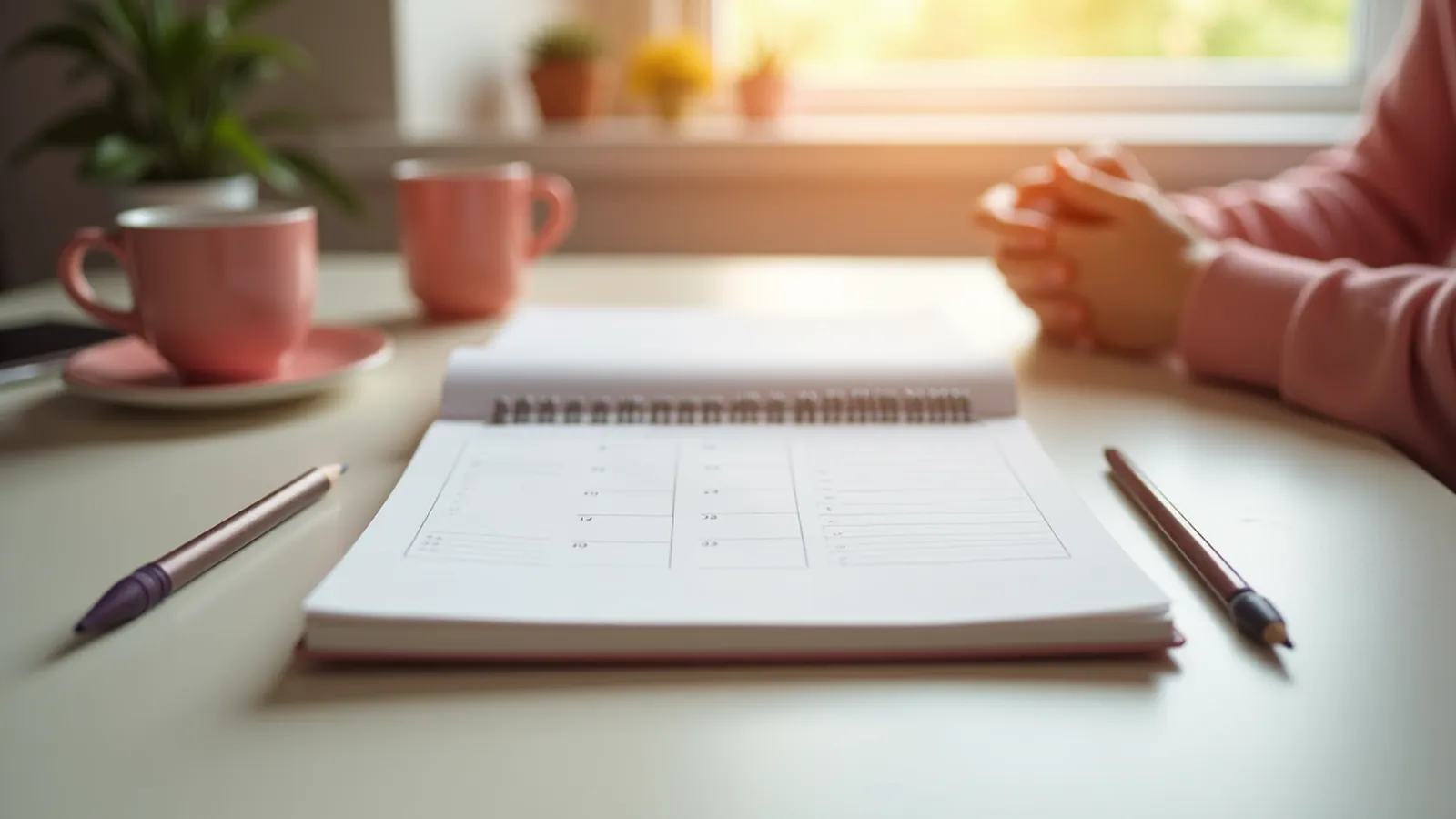 A calm kitchen table with notebook and pencil for making a simple nail map.