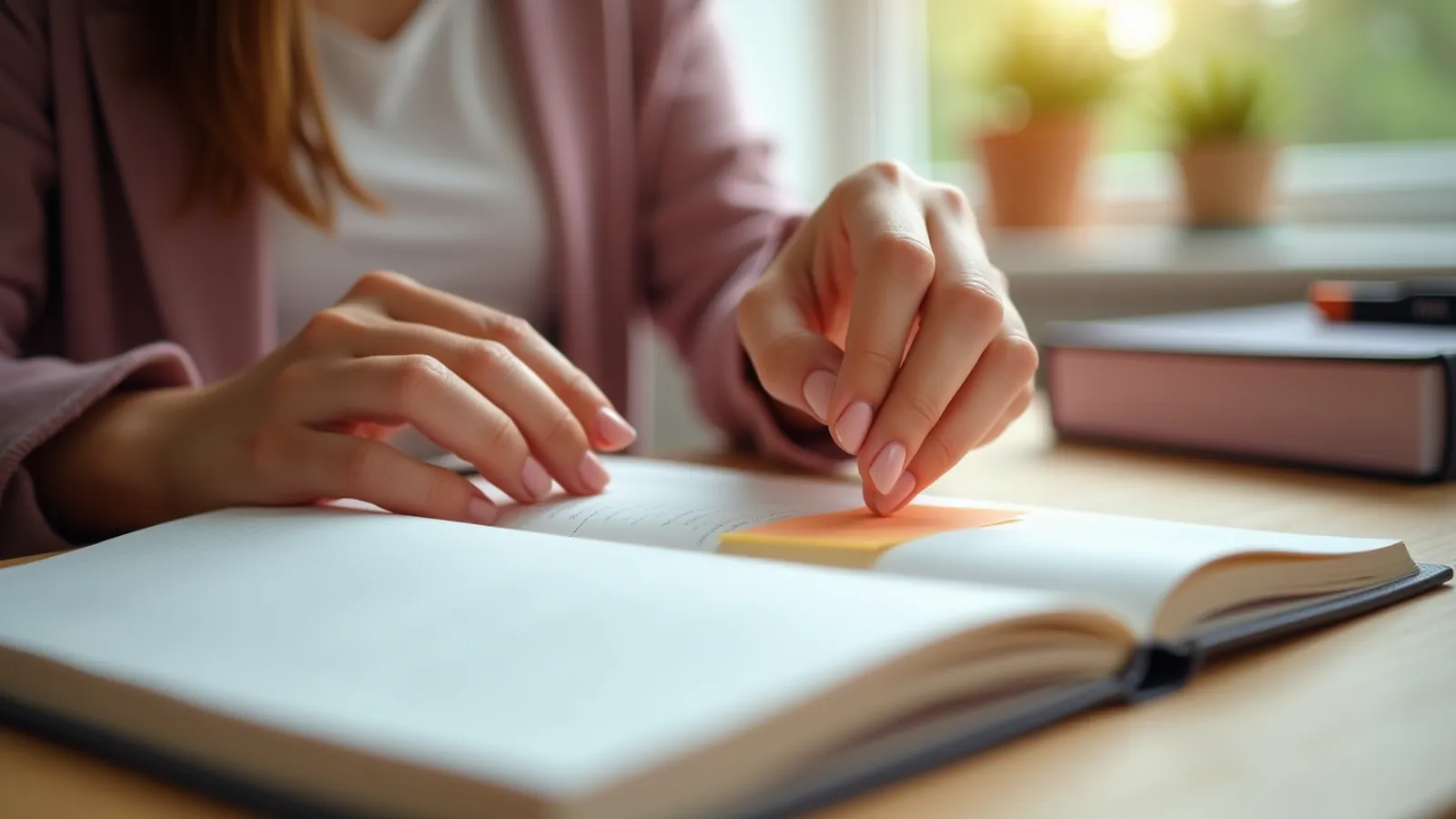 A hand adding a sticky note to a notebook margin beside a highlighter.