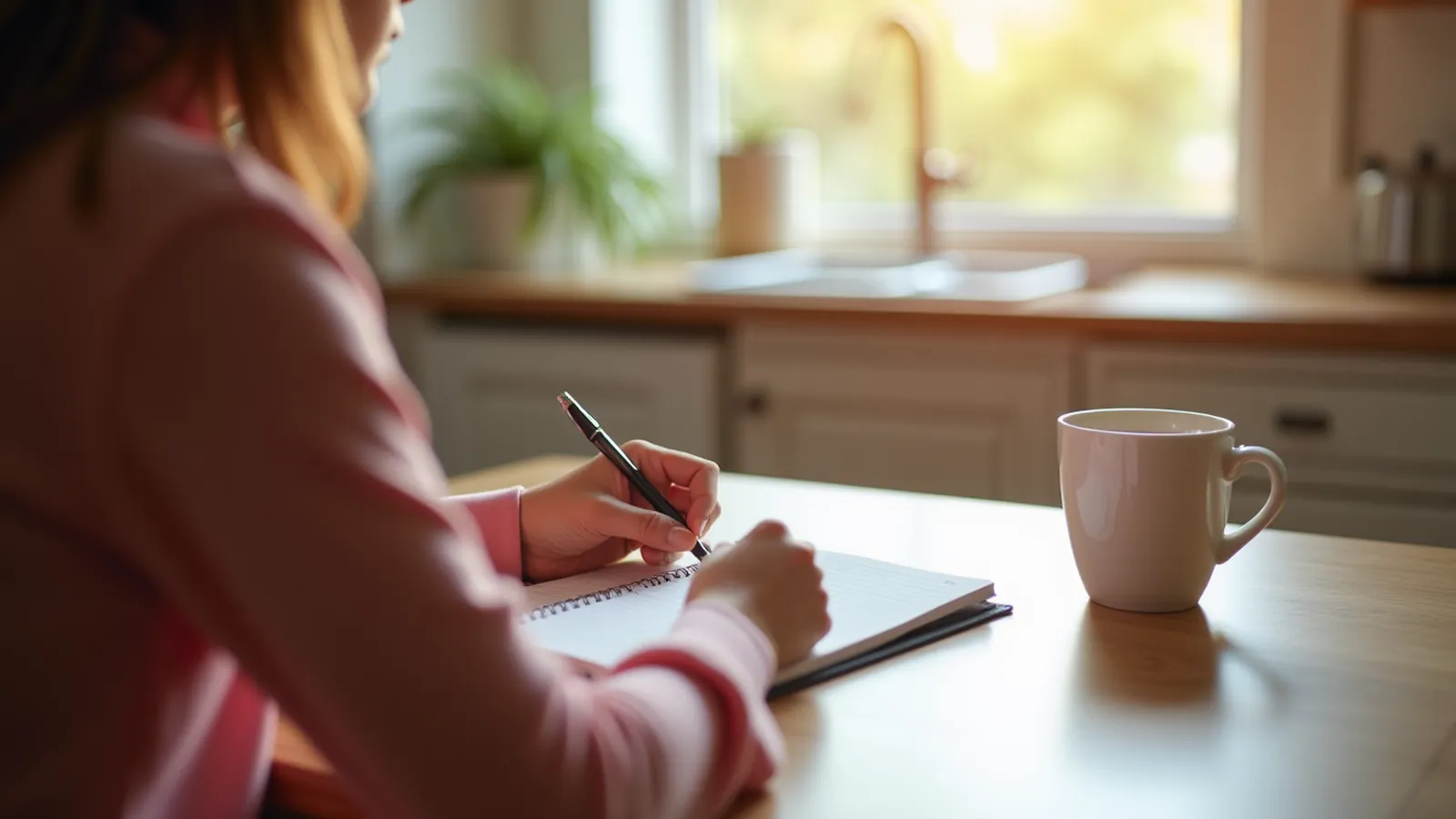 Hands writing a symptom description in a notebook at a sunlit kitchen table.
